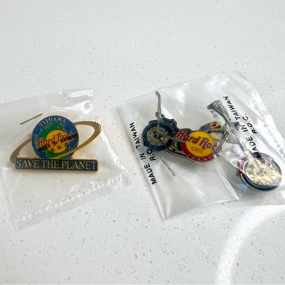Hard Rock Cafe Tijuana motorcycle pin and Save the Planet pin